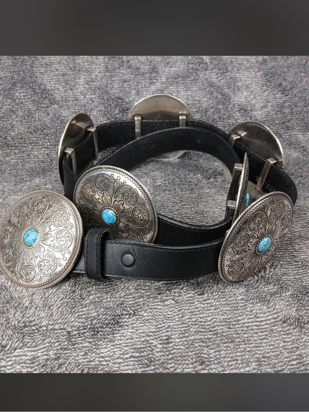 Vintage Nocono Black Leather Western turquoise silver tone Concho Heavy belt L - Picture 1 of 8